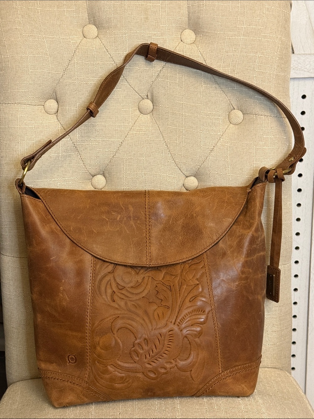 Børn Cognac Brown Genuine Leather Tooled Flap Shoulder Bag